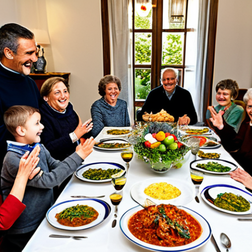 A vibrant Italian family gathered around a large, wooden dining table, filled with traditional dishes. Adults and children are engaged in lively conversation, some gesturing expressively with their hands, showing warmth and connection. The room is brightly lit, showcasing traditional decor and a welcoming atmosphere. All individuals are fully clothed in modest, appropriate attire, displaying natural poses and correct proportions. The image captures a joyful, family-friendly moment, ensuring perfect anatomy, well-formed hands, and proper finger count. This is a high-quality, professional photograph, safe for work and appropriate content.