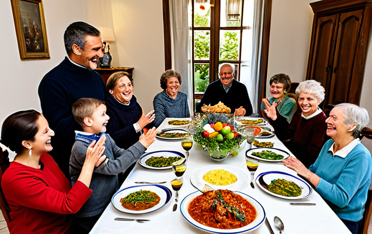 A vibrant Italian family gathered around a large, wooden dining table, filled with traditional dishes. Adults and children are engaged in lively conversation, some gesturing expressively with their hands, showing warmth and connection. The room is brightly lit, showcasing traditional decor and a welcoming atmosphere. All individuals are fully clothed in modest, appropriate attire, displaying natural poses and correct proportions. The image captures a joyful, family-friendly moment, ensuring perfect anatomy, well-formed hands, and proper finger count. This is a high-quality, professional photograph, safe for work and appropriate content.