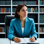 A sophisticated Italian professional woman in a modest business suit, seated thoughtfully at a sleek, modern office desk. She is subtly interacting with a holographic interface displaying intricate data and text, symbolizing linguistic precision and digital literacy. The background features stylish bookshelves filled with diverse, high-quality professional literature, rendered with soft, ambient lighting. The scene evokes intelligence, strategic thinking, and the empowerment derived from refined communication. fully clothed, appropriate attire, professional dress, safe for work, appropriate content, professional, perfect anatomy, correct proportions, natural pose, well-formed hands, proper finger count, natural body proportions, high-resolution, cinematic lighting, ultra-detailed.