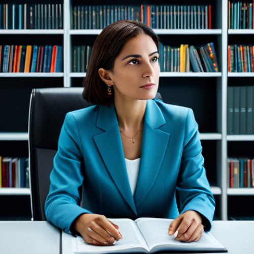 A sophisticated Italian professional woman in a modest business suit, seated thoughtfully at a sleek, modern office desk. She is subtly interacting with a holographic interface displaying intricate data and text, symbolizing linguistic precision and digital literacy. The background features stylish bookshelves filled with diverse, high-quality professional literature, rendered with soft, ambient lighting. The scene evokes intelligence, strategic thinking, and the empowerment derived from refined communication. fully clothed, appropriate attire, professional dress, safe for work, appropriate content, professional, perfect anatomy, correct proportions, natural pose, well-formed hands, proper finger count, natural body proportions, high-resolution, cinematic lighting, ultra-detailed.
