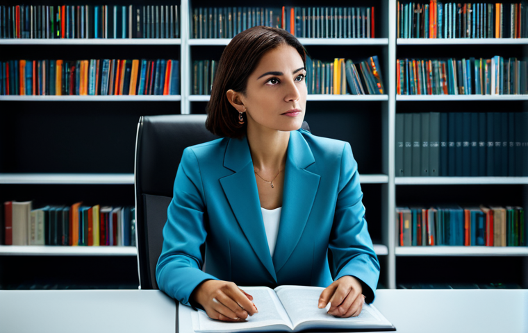 A sophisticated Italian professional woman in a modest business suit, seated thoughtfully at a sleek, modern office desk. She is subtly interacting with a holographic interface displaying intricate data and text, symbolizing linguistic precision and digital literacy. The background features stylish bookshelves filled with diverse, high-quality professional literature, rendered with soft, ambient lighting. The scene evokes intelligence, strategic thinking, and the empowerment derived from refined communication. fully clothed, appropriate attire, professional dress, safe for work, appropriate content, professional, perfect anatomy, correct proportions, natural pose, well-formed hands, proper finger count, natural body proportions, high-resolution, cinematic lighting, ultra-detailed.