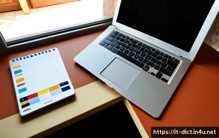 Home 17 IT 용어집 - Photorealistic overhead view of a clean Italian home office desk, an open laptop displaying abstract...
