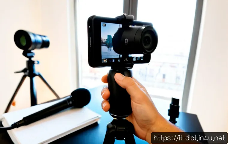 유튜브 용어집 - Photorealistic Italian content creator at a clean home studio desk in Milan, comparing a smartphone ...